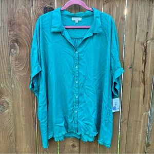 NWT Umgee Linen Teal Button Down Blouse 1X